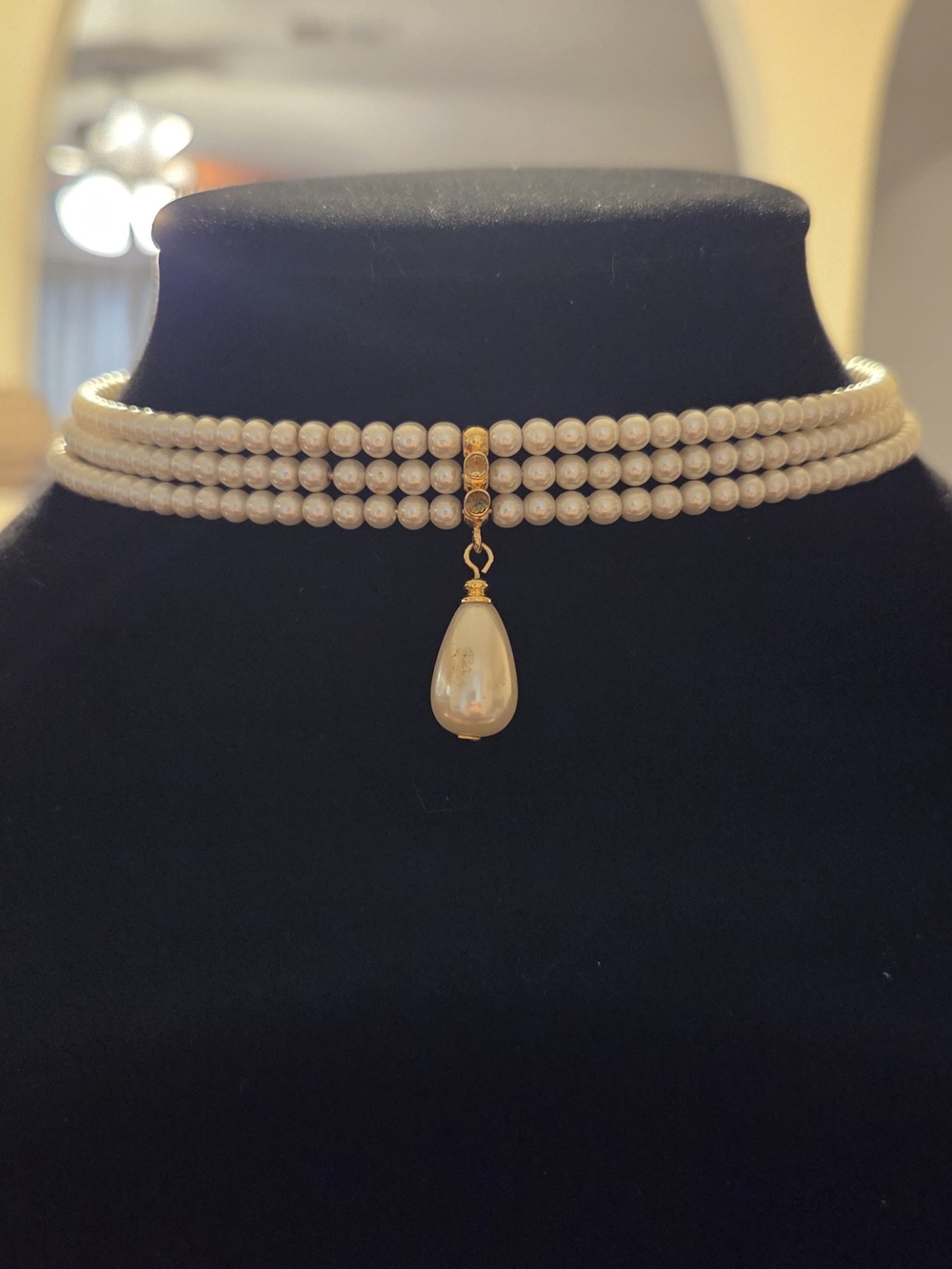 Vintage Triple-Strand Pearl Choker with Teardrop Pendant